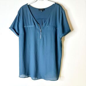 Fortune+Ivy Top Women XL Blue 1/4 Zip Blouse Boho Tunic Corpcore Lagenlook NWOT